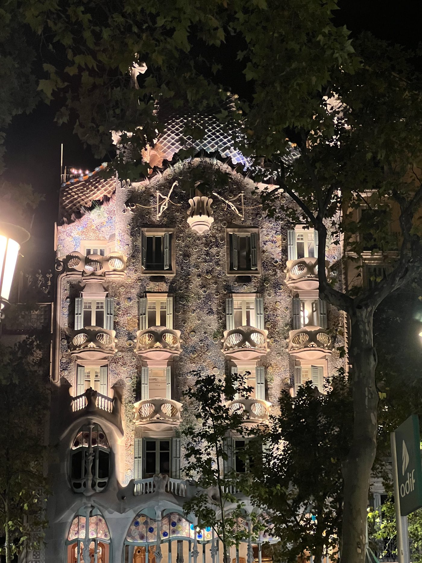 Casa Batlló's Modernista facade lit up on Passeig de Gràcia, Barcelona