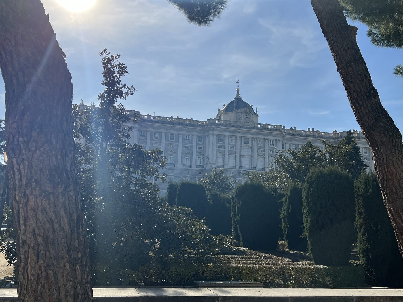 The Royal Palace of Madrid framed by trees on a clear winter day