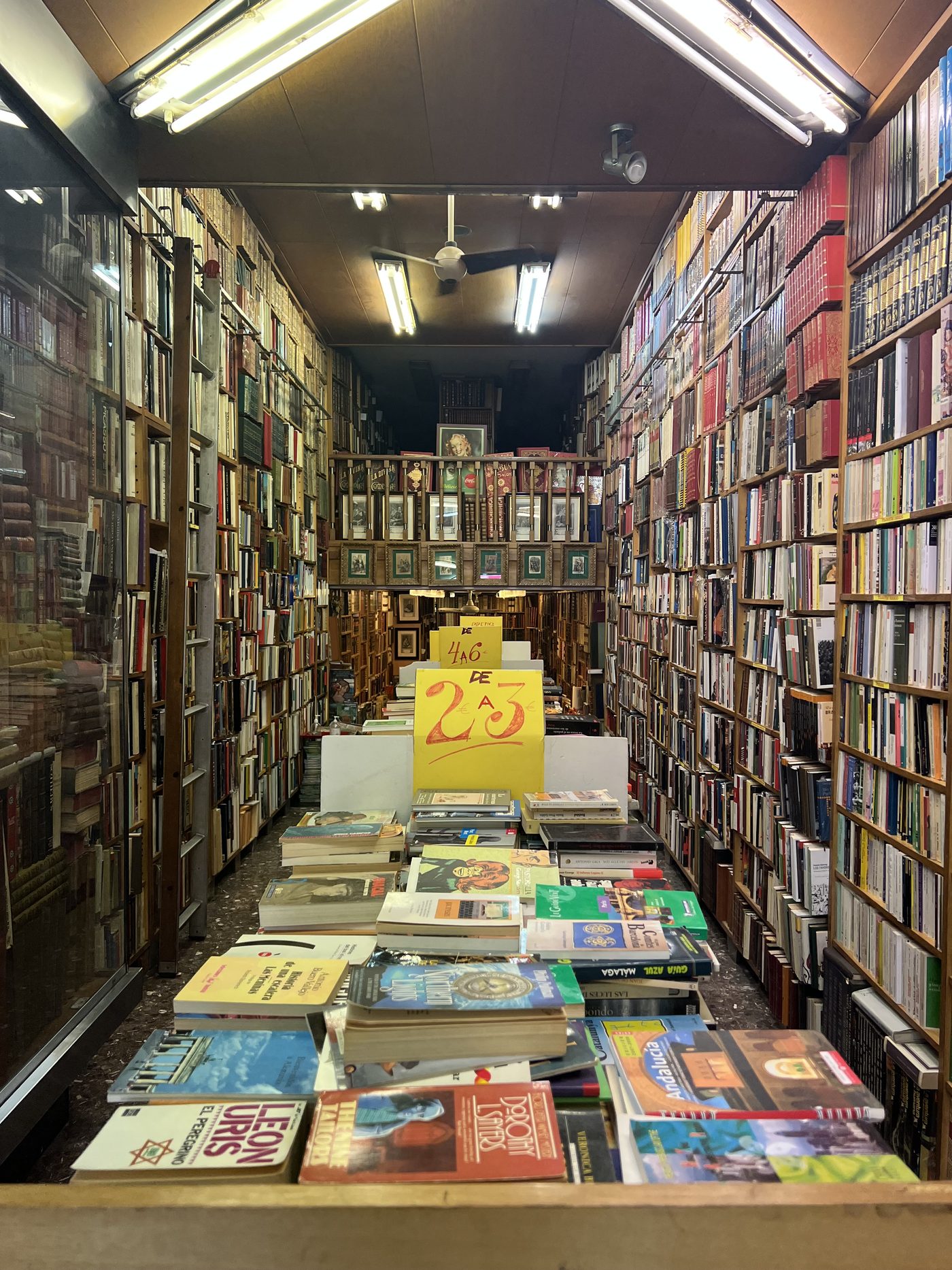 Shelves of brightly coloured books in a Barcelona bookshop